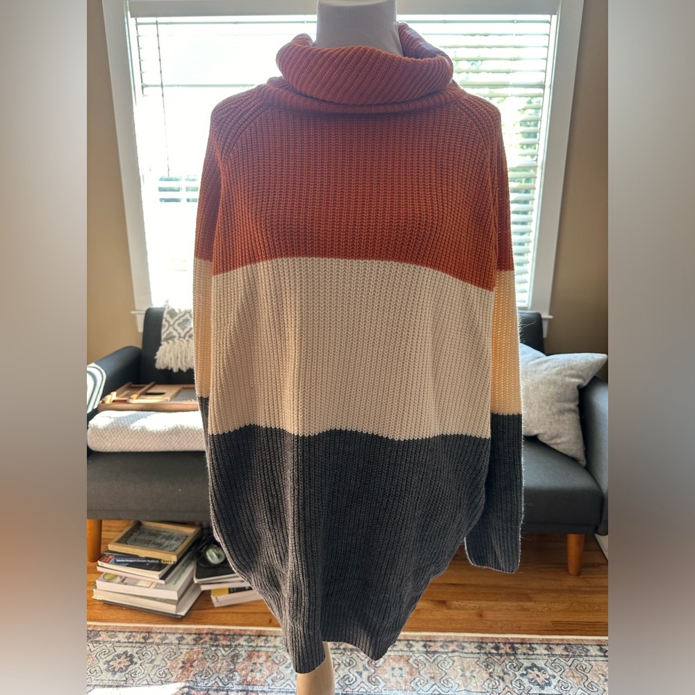 Pink Queen Color Block Oversize Turtleneck Sweater Dress with Pockets